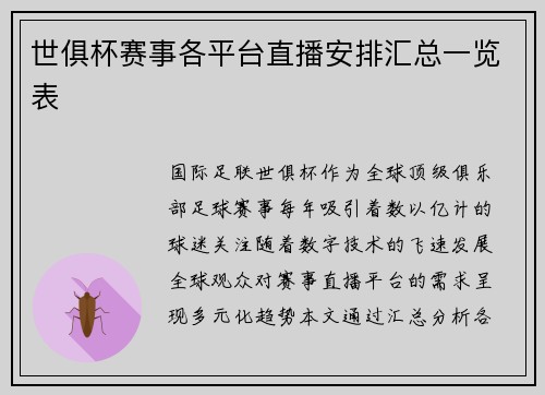 世俱杯赛事各平台直播安排汇总一览表
